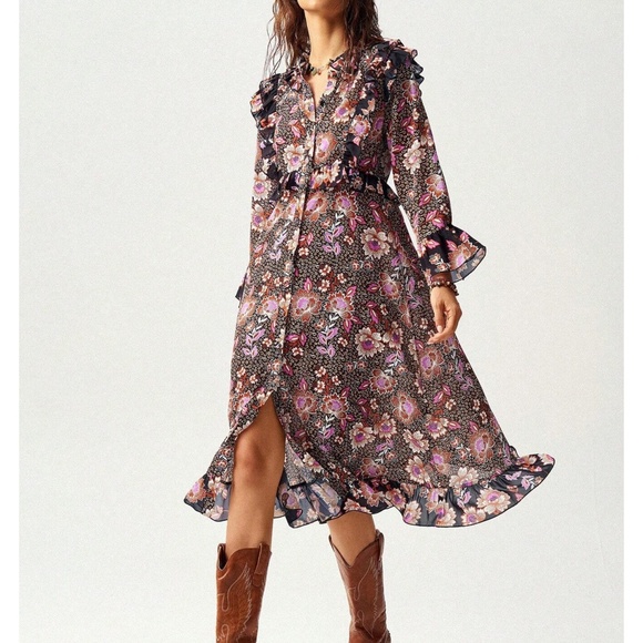 Boho Floral Print Ruffle Detail Button 3/4 sleeve Dress - Picture 1 of 7